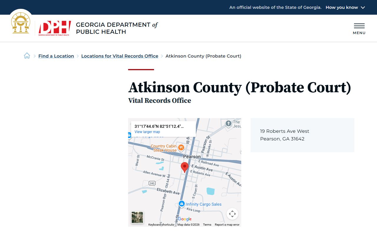 Atkinson County Probate Court death index listing on Georgia DPH