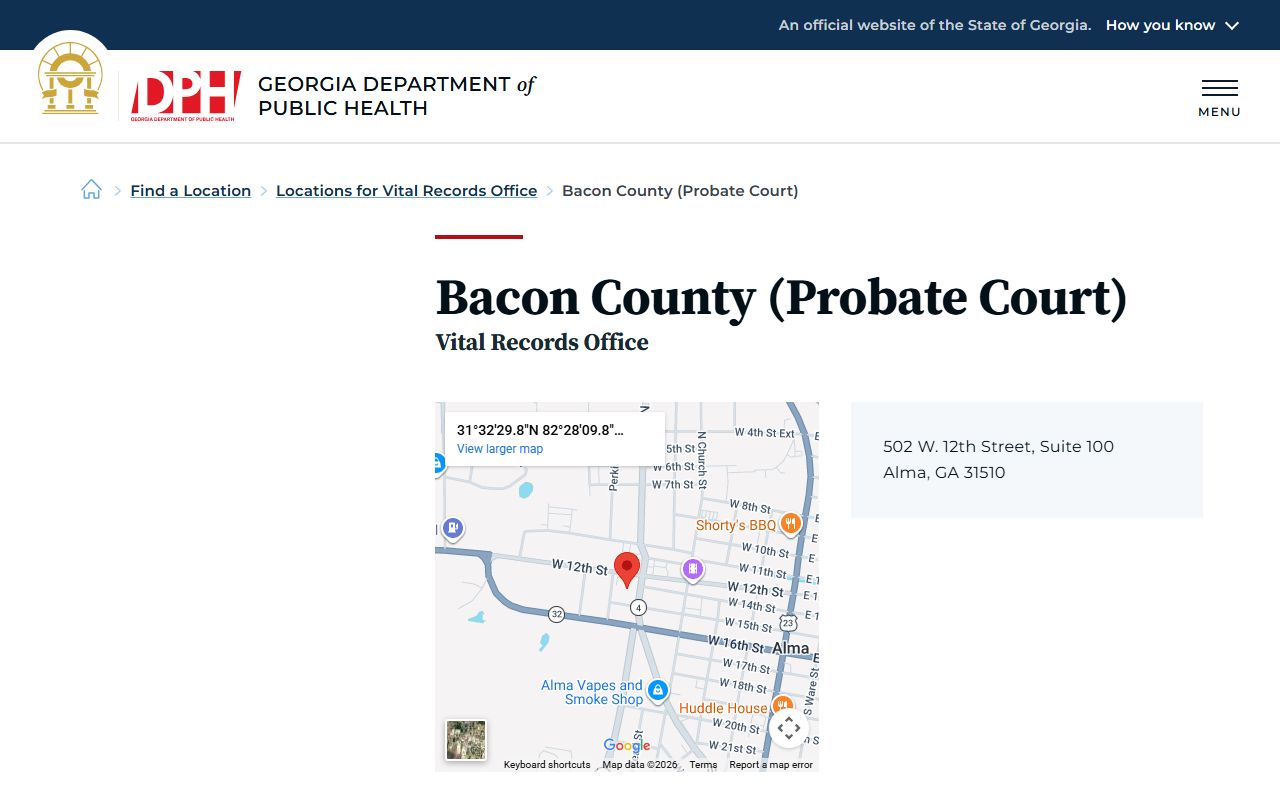 Bacon County Probate Court death index listing on Georgia DPH website