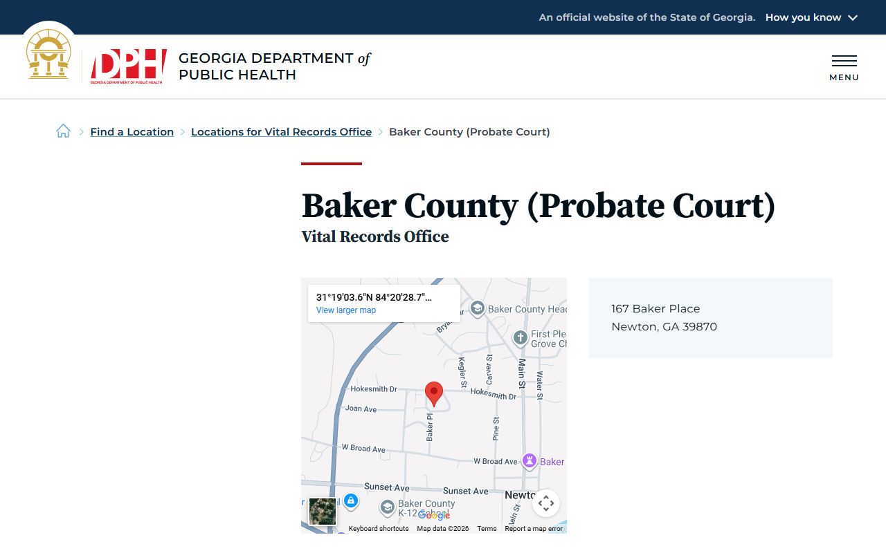 Baker County Probate Court death index listing on the Georgia DPH website