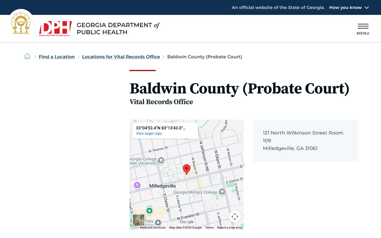Baldwin County Probate Court death index listing on Georgia DPH