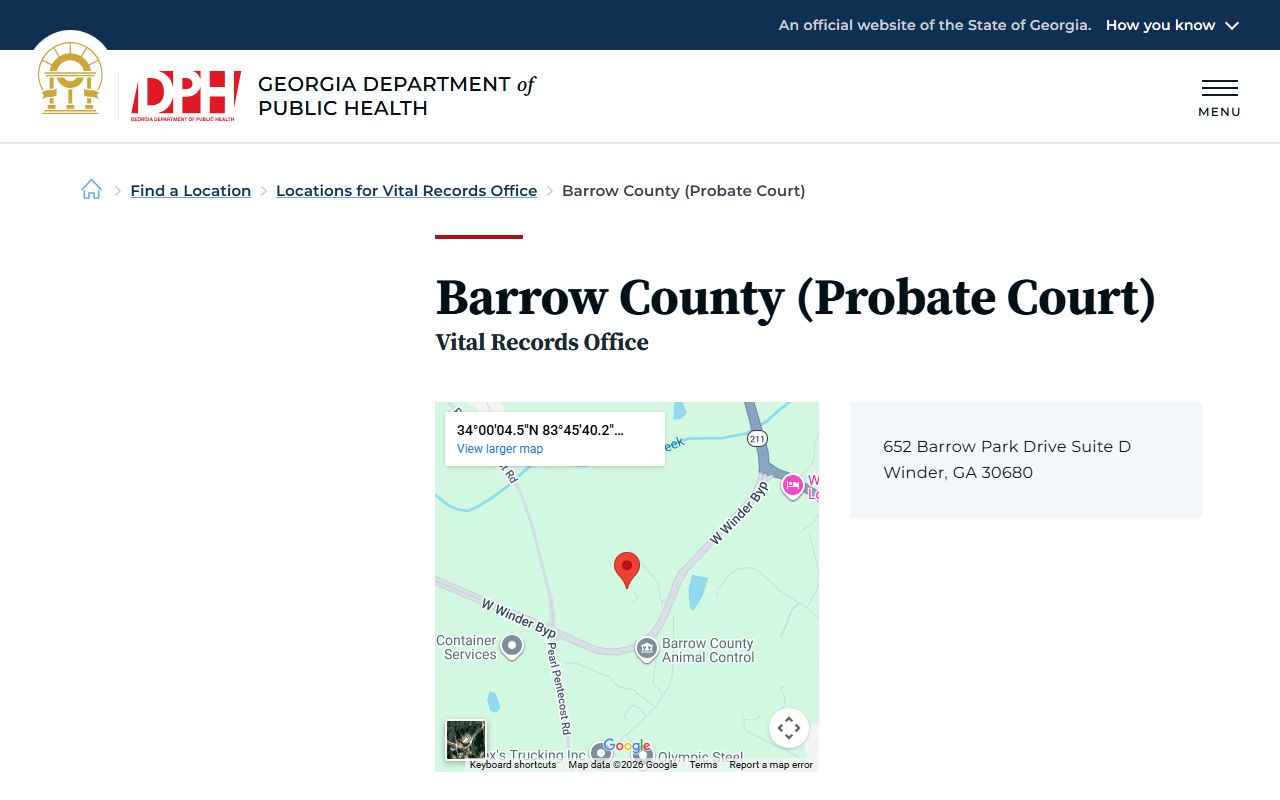 Barrow County Probate Court death index listing on Georgia DPH