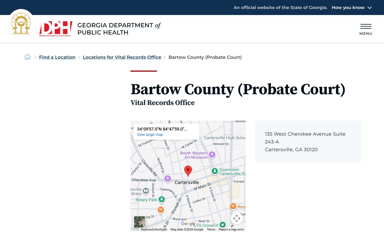 Bartow County Probate Court death index listing on Georgia DPH website