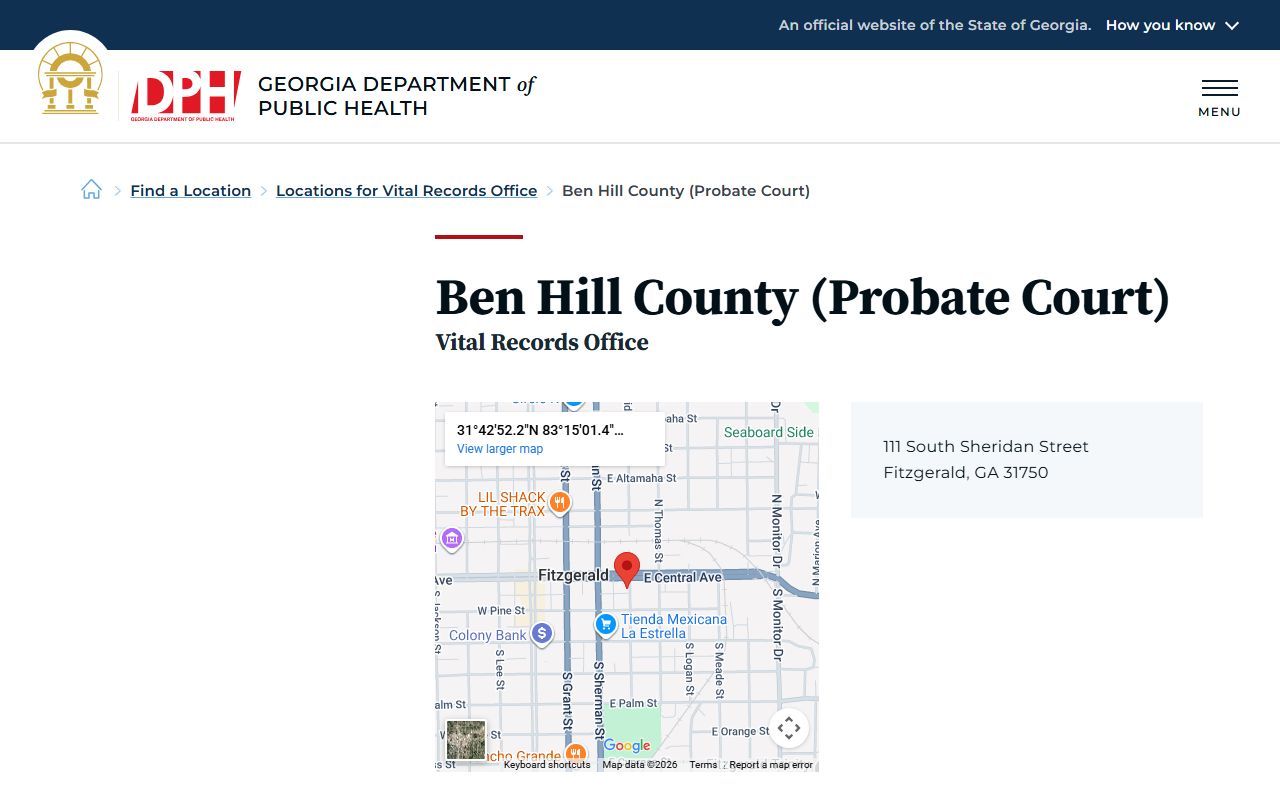 Ben Hill County Probate Court death index listing on Georgia DPH website