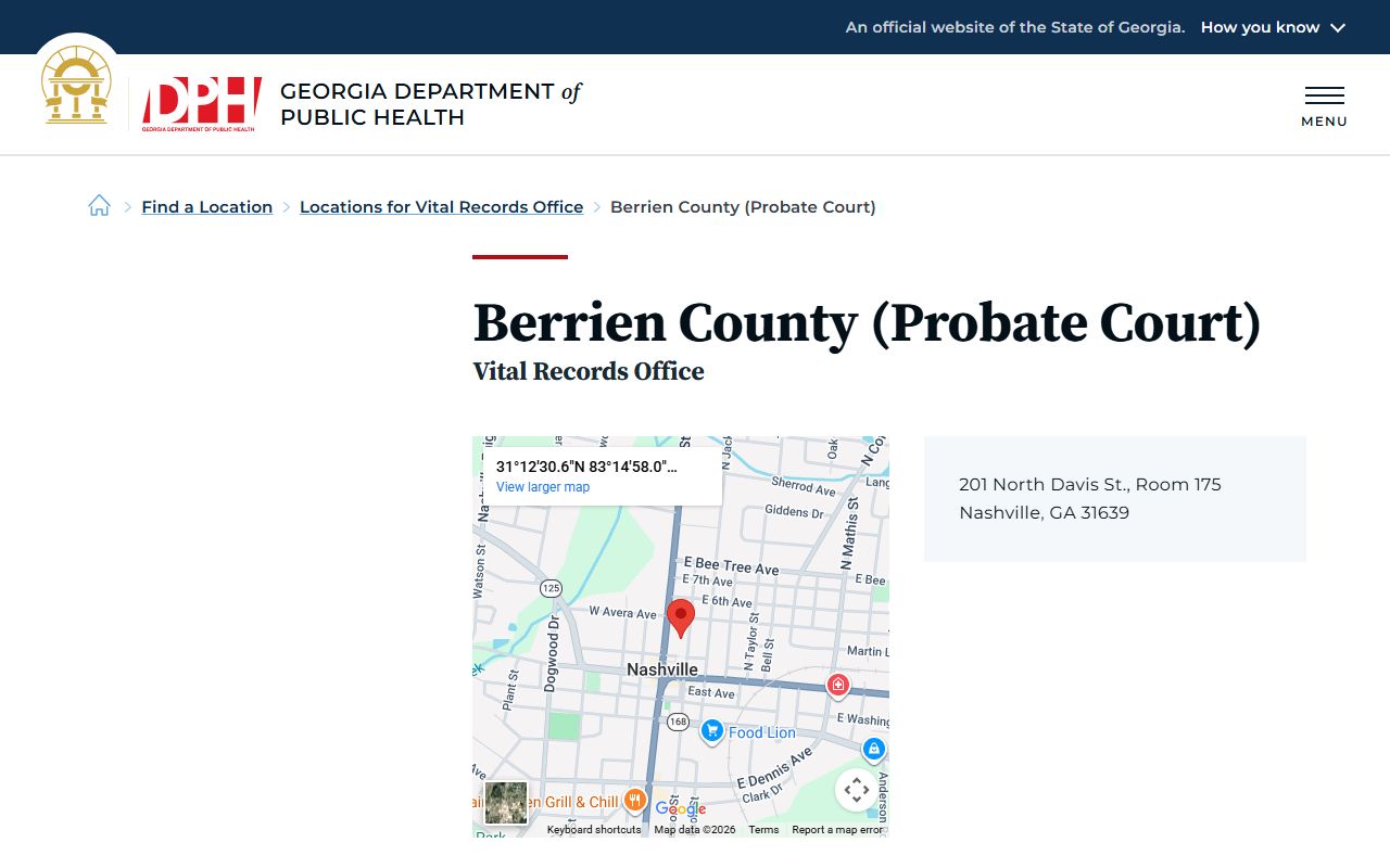Berrien County Probate Court death index listing on Georgia DPH