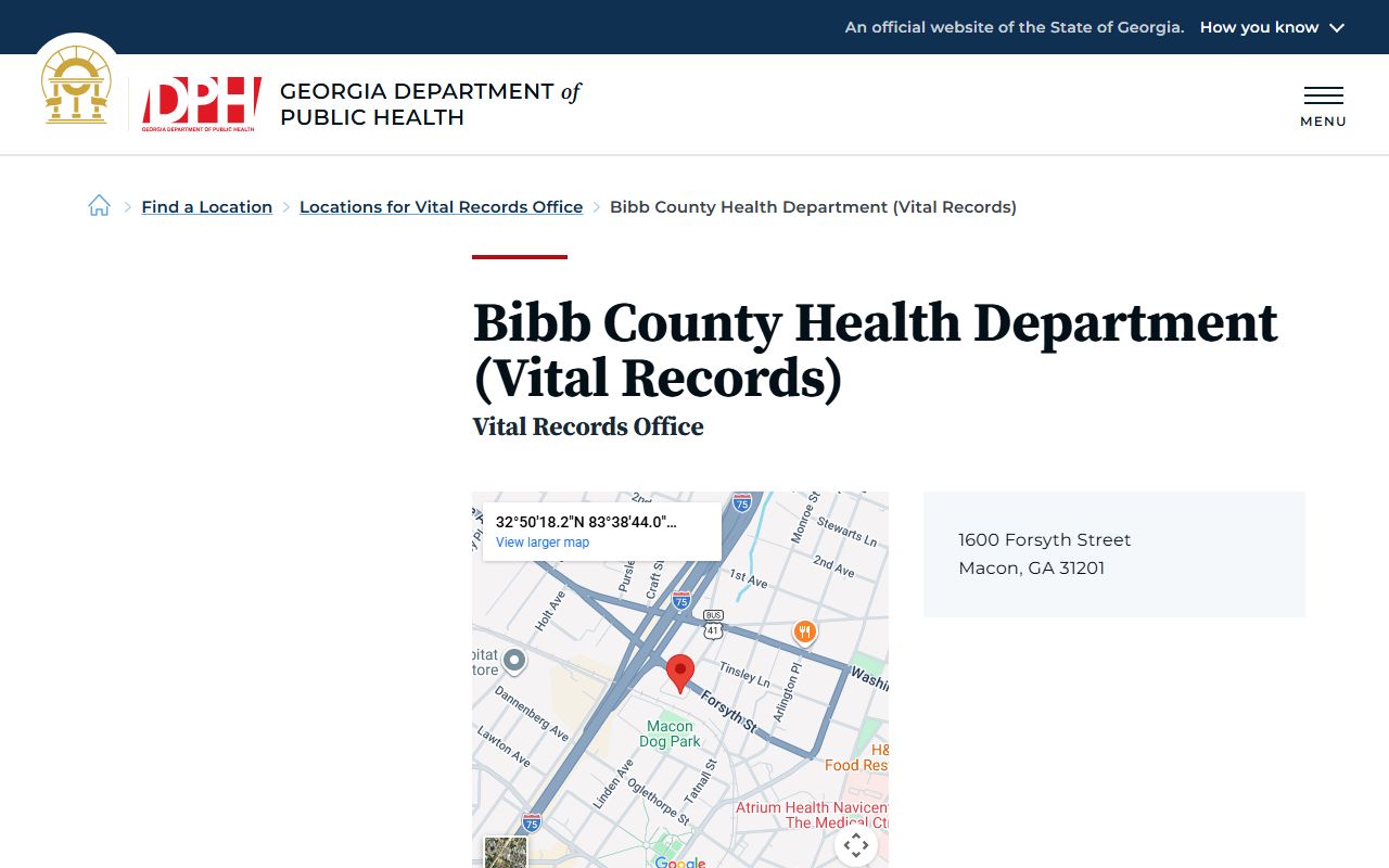 Bibb County Health Department death index listing on Georgia DPH website