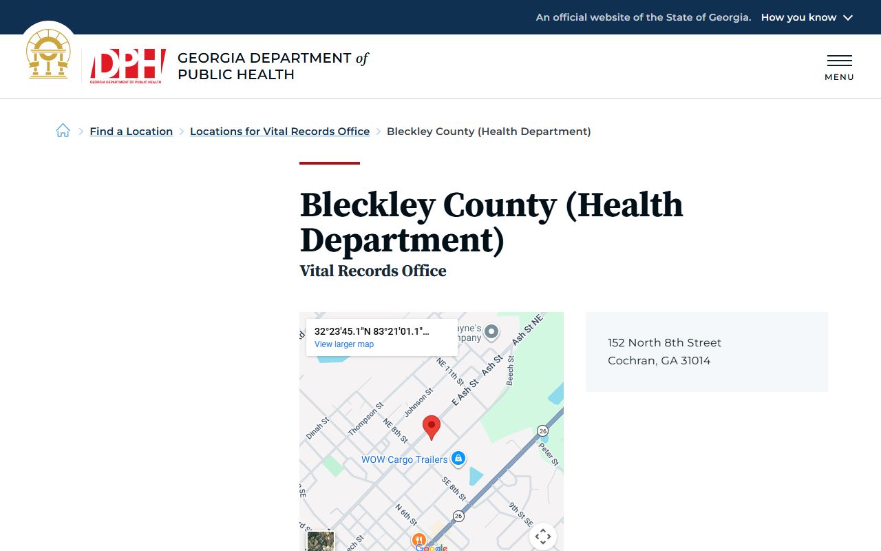 Bleckley County Health Department death index listing on Georgia DPH