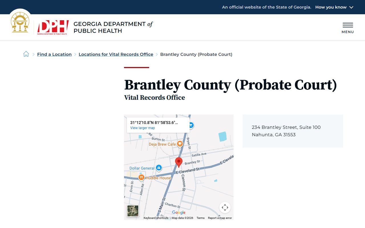 Brantley County Probate Court death index listing on Georgia DPH website