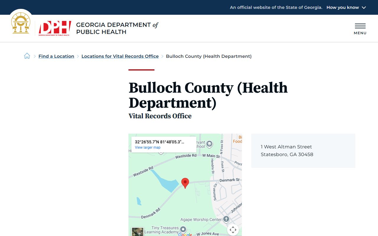 Bulloch County Health Department death index listing on Georgia DPH website