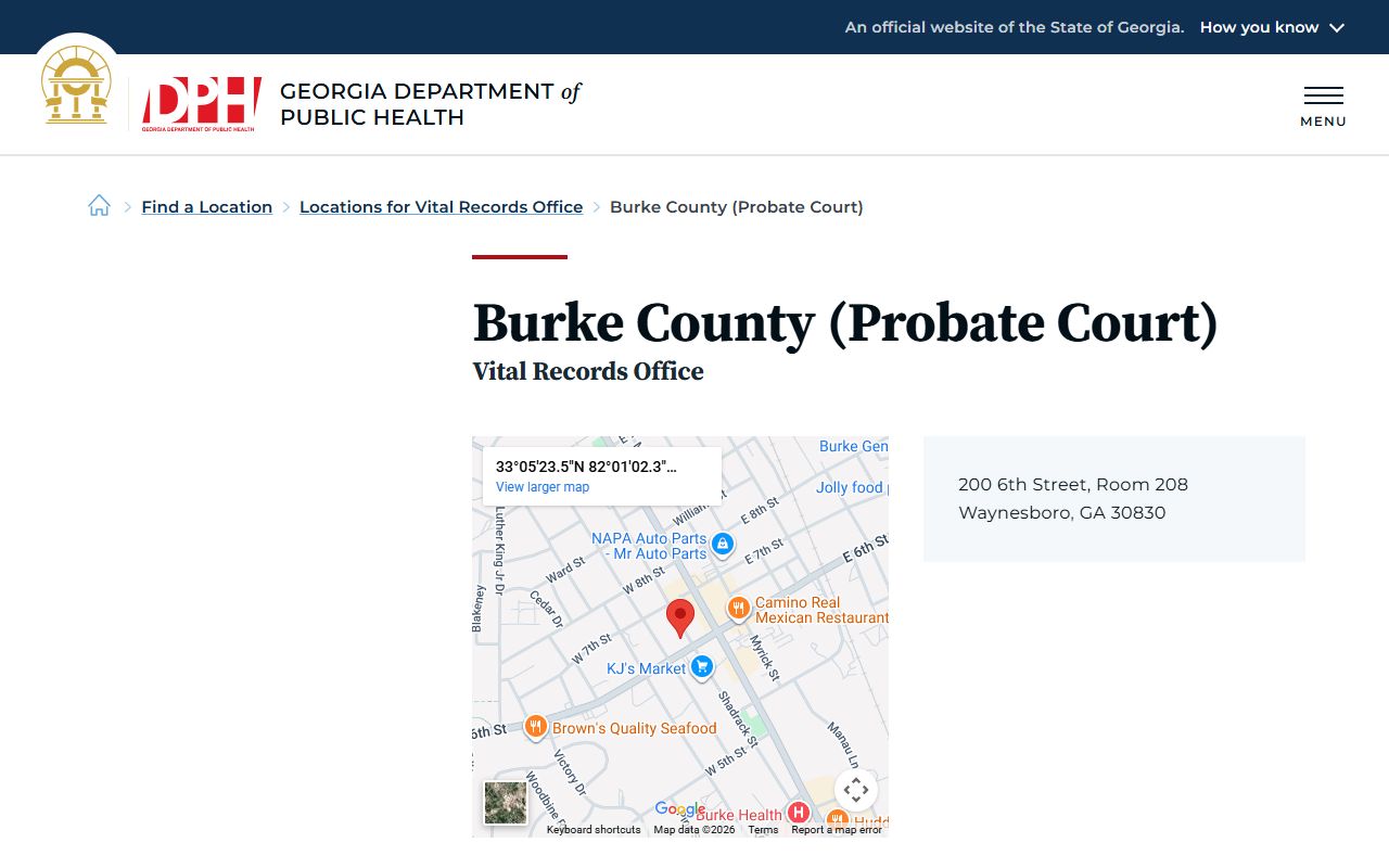 Burke County Probate Court death index listing on Georgia DPH website