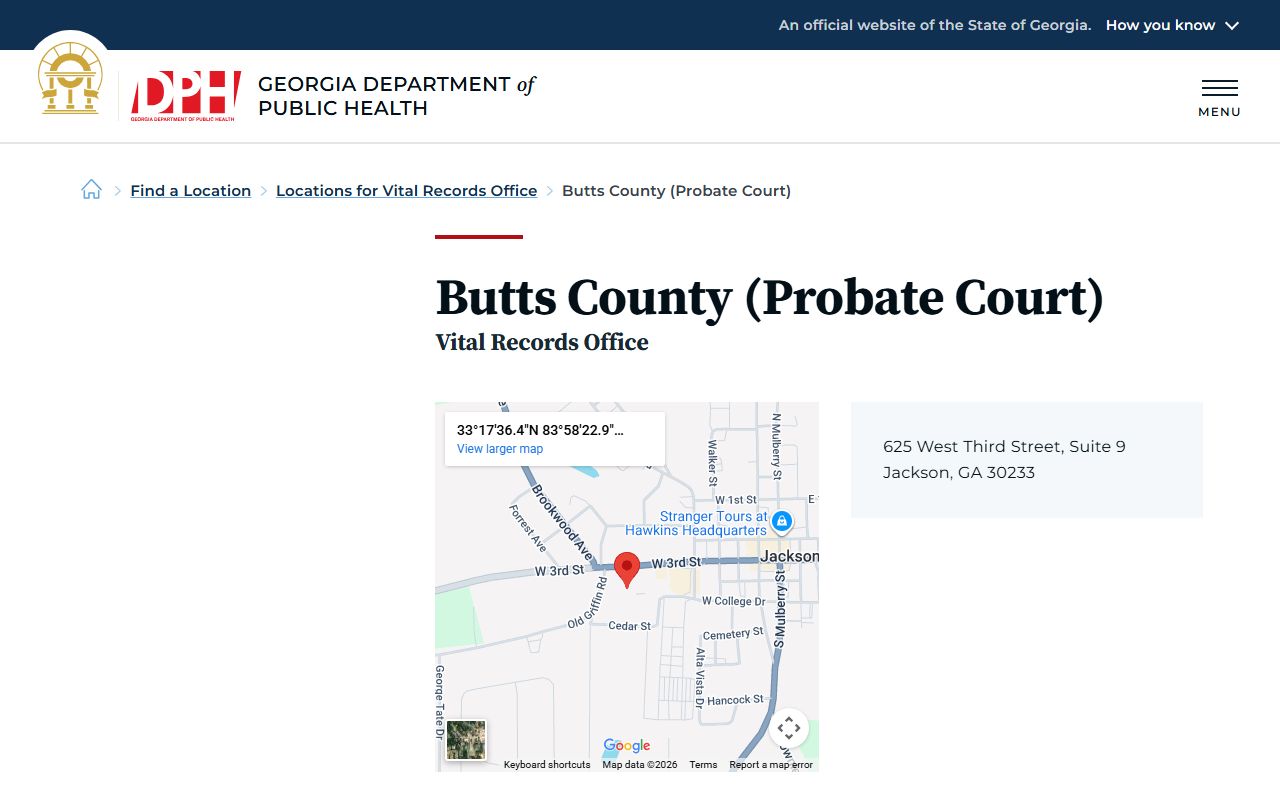 Butts County Probate Court death index listing on Georgia DPH