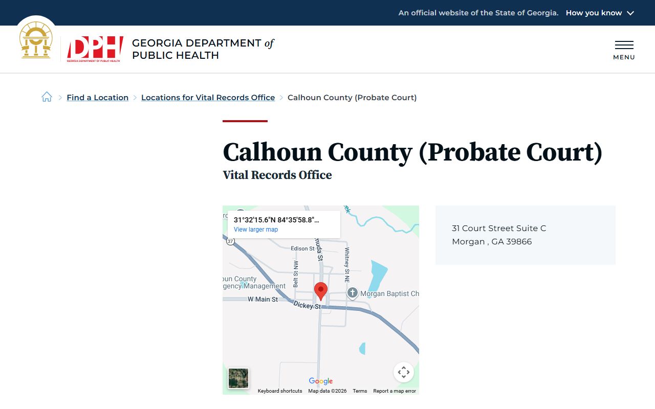 Calhoun County Probate Court death index listing on Georgia DPH website