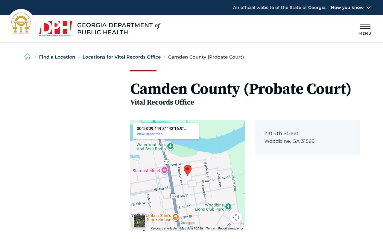 Camden County Probate Court death index listing on Georgia DPH website