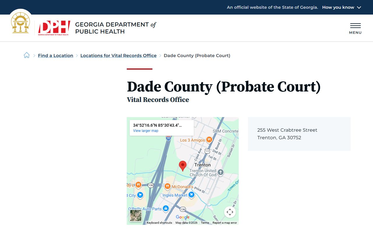 Dade County Probate Court death index listing on Georgia DPH