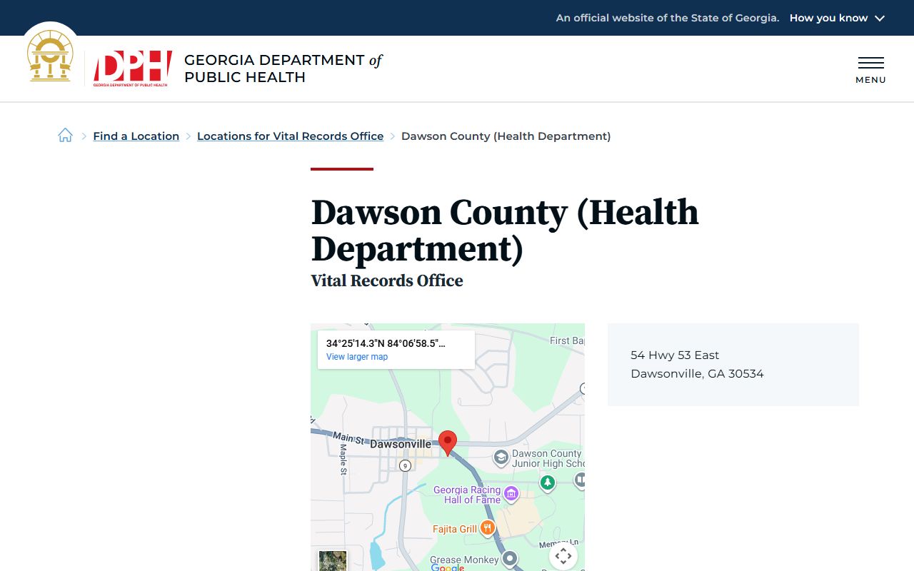 Dawson County Health Department death index listing on Georgia DPH