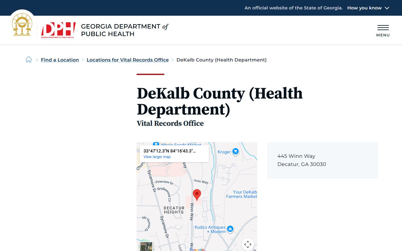 DeKalb County Health Department death index listing on Georgia DPH