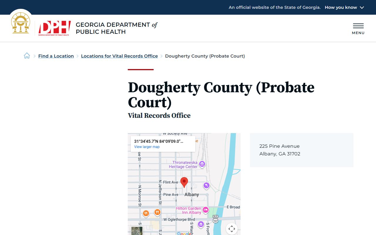 Dougherty County Probate Court death index listing on Georgia DPH