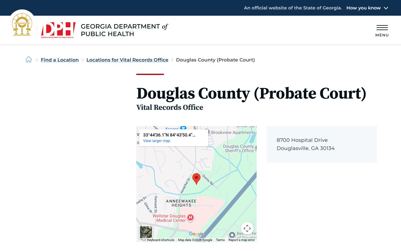 Douglas County Probate Court death index listing on Georgia DPH