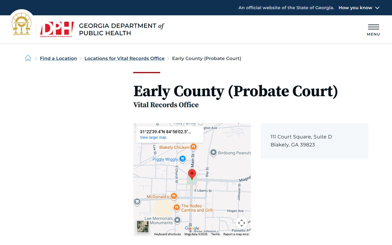 Early County Probate Court death index listing on Georgia DPH