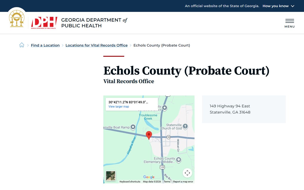 Echols County Probate Court death index listing on Georgia DPH