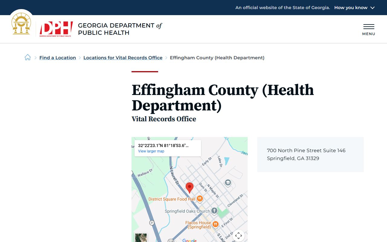 Effingham County Health Department death index listing on Georgia DPH