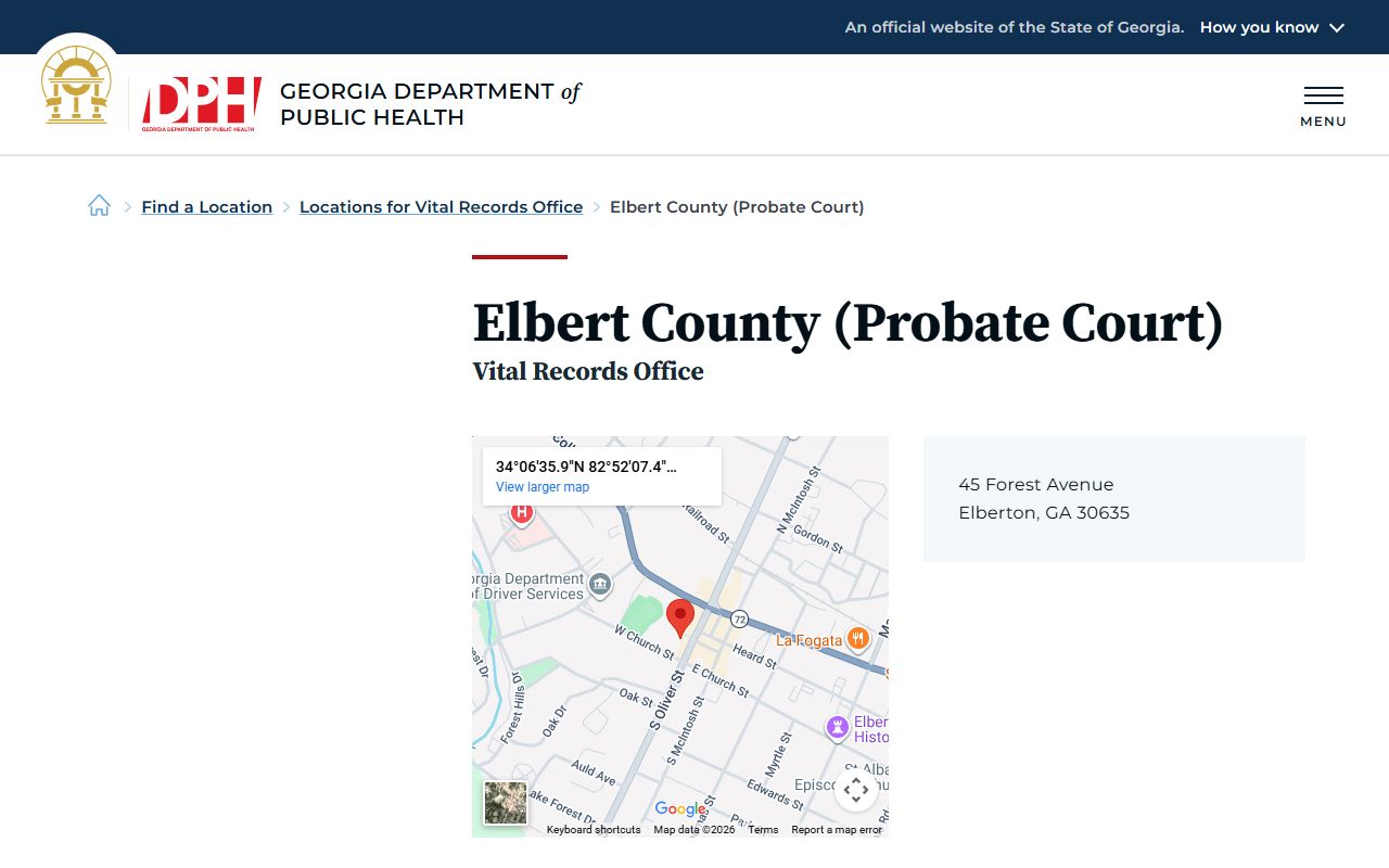 Elbert County Probate Court death index listing on Georgia DPH