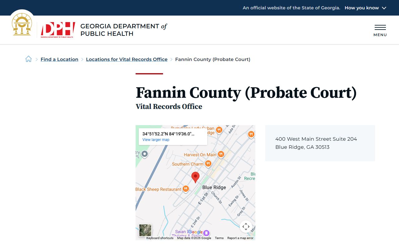 Fannin County Probate Court death index listing on Georgia DPH