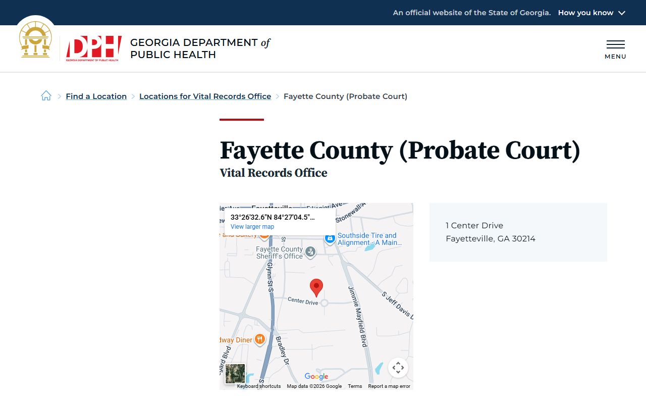 Fayette County Probate Court death index page on Georgia DPH website