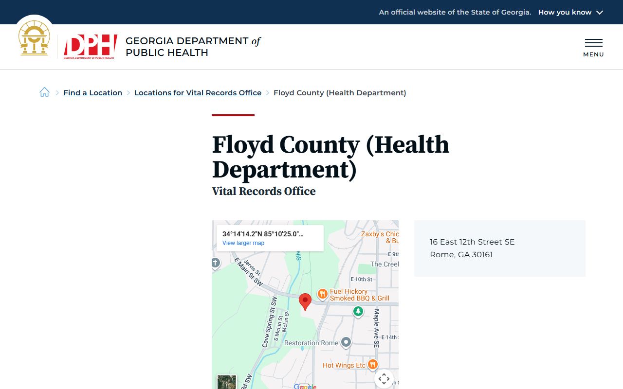 Floyd County Health Department death index listing on Georgia DPH