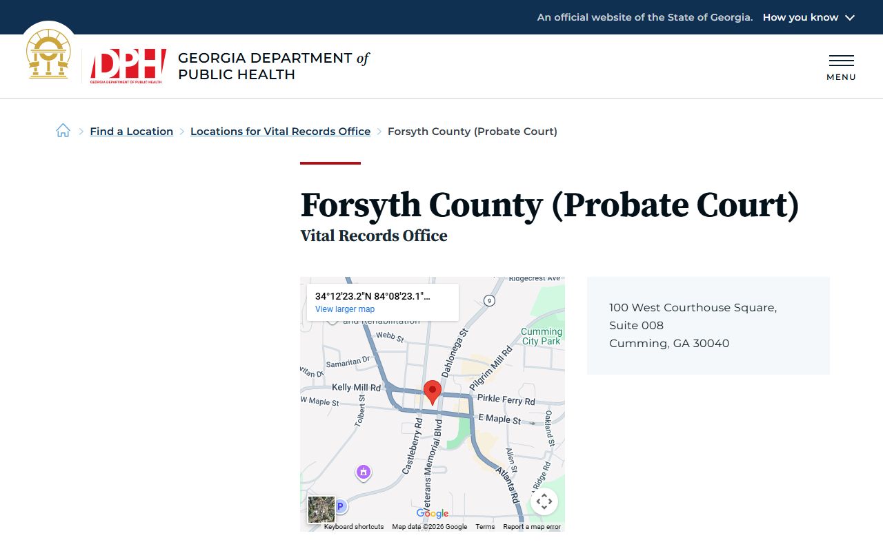 Forsyth County Probate Court death index listing on Georgia DPH