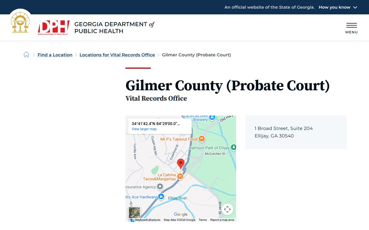 Gilmer County Probate Court death index page on Georgia DPH website