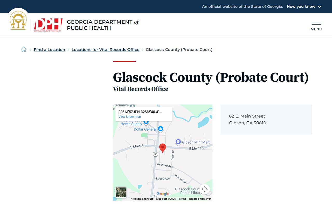 Glascock County Probate Court death index page on Georgia DPH website