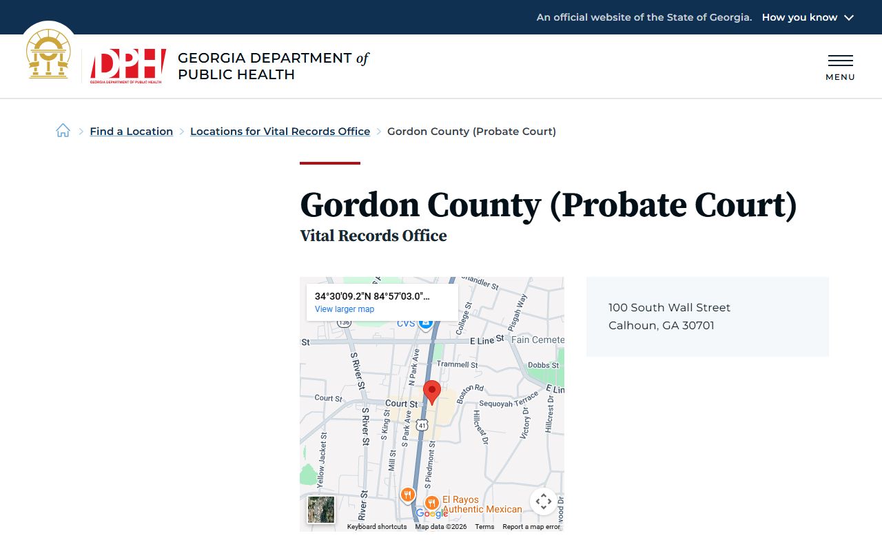 Gordon County Probate Court death index page on Georgia DPH website