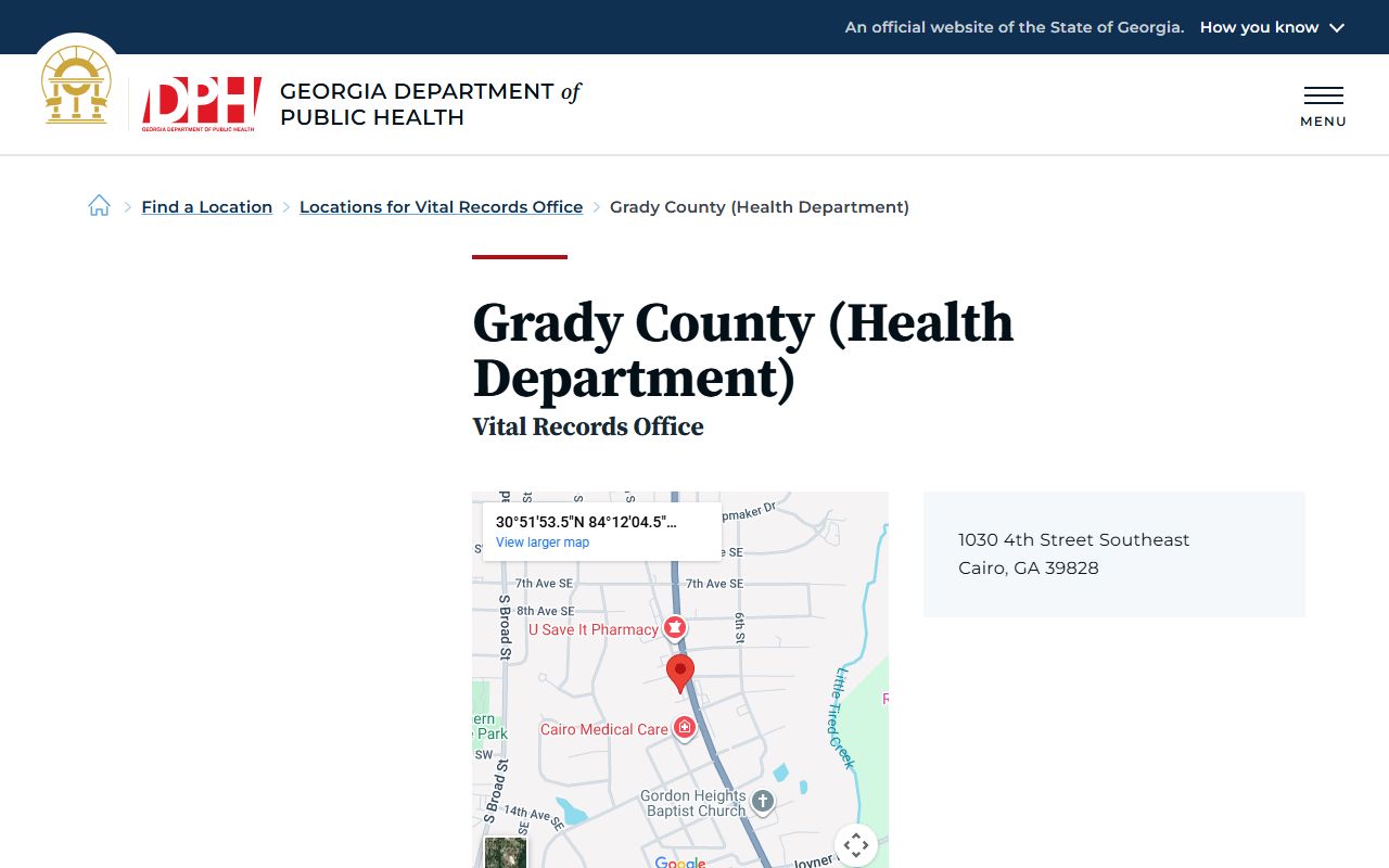 Grady County Health Department death index page on Georgia DPH website