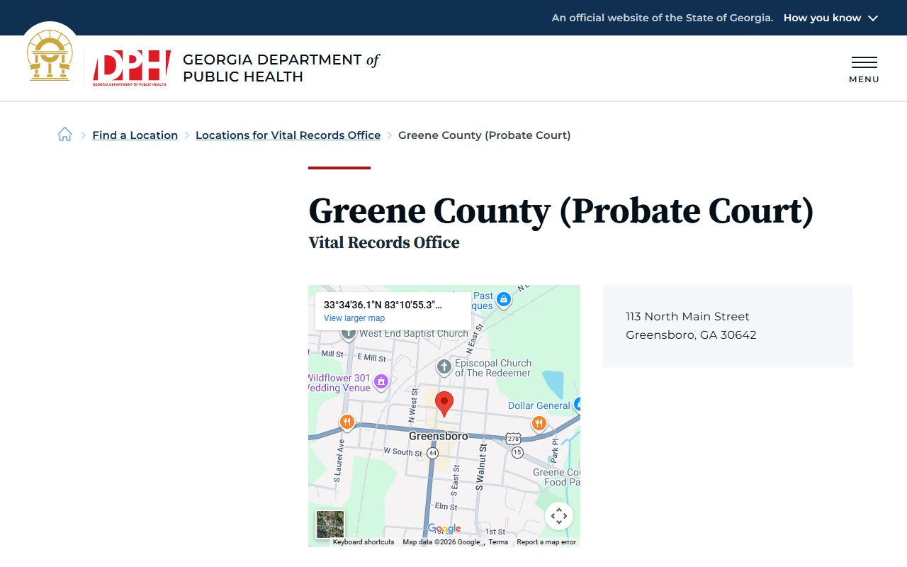 Greene County Probate Court death index page on Georgia DPH website
