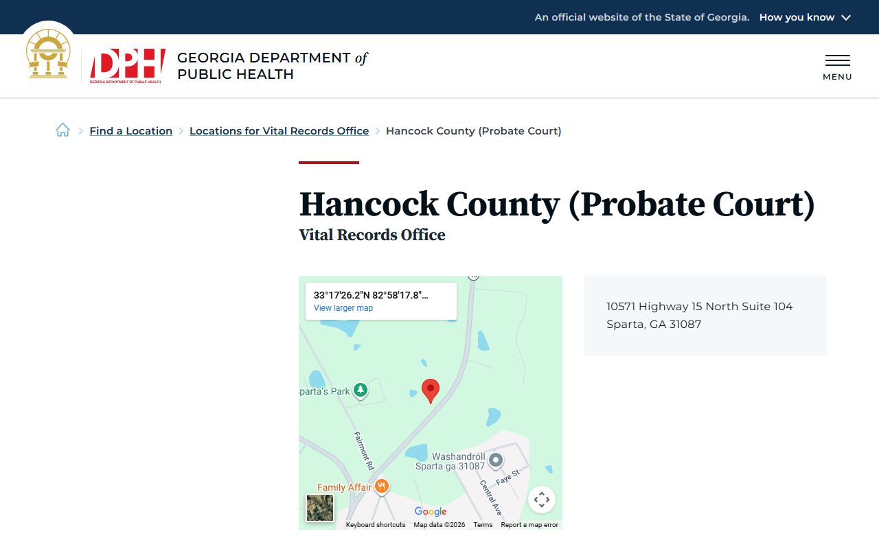 Hancock County Probate Court death index page on Georgia DPH website