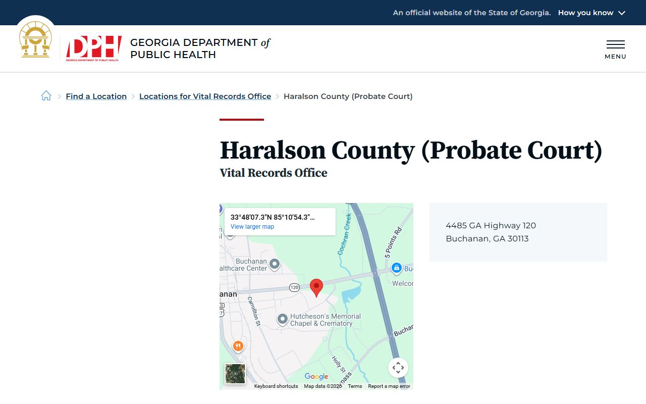 Haralson County Probate Court death index page on Georgia DPH website