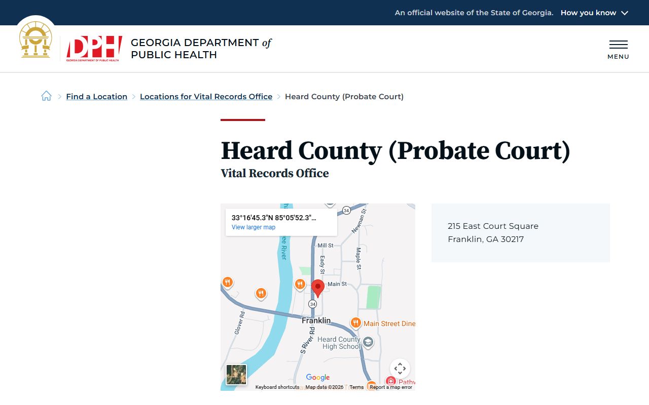 Heard County Probate Court death index page on Georgia DPH website