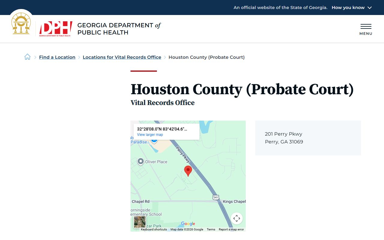Houston County Probate Court death index page on Georgia DPH website