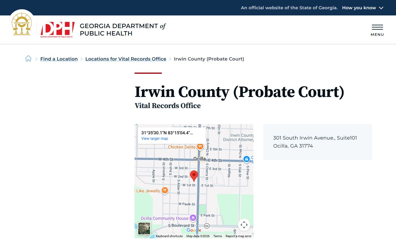 Irwin County Probate Court death index page on Georgia DPH website