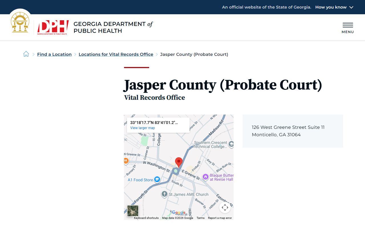 Jasper County Probate Court death index page on Georgia DPH website