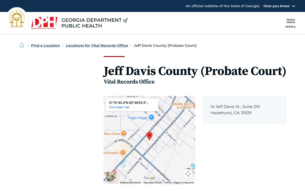 Jeff Davis County Probate Court death index page on Georgia DPH website