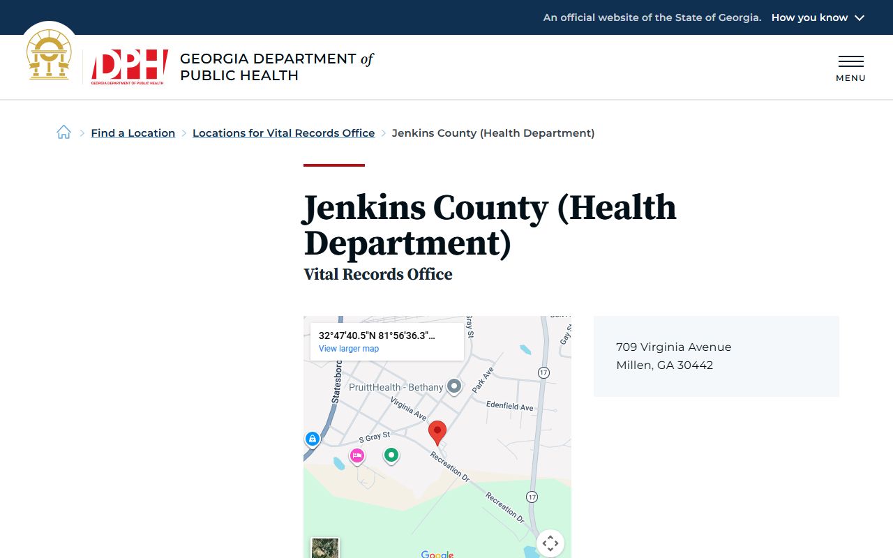 Jenkins County Health Department death index page on Georgia DPH website