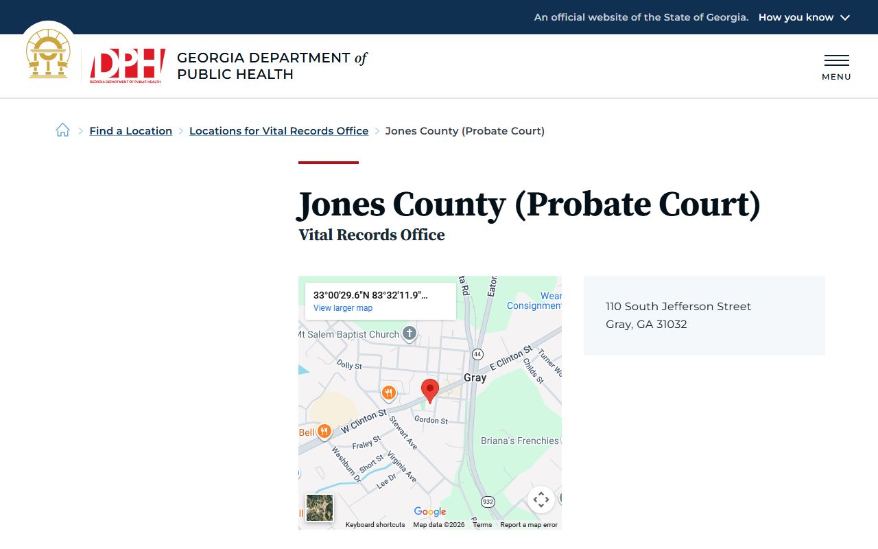 Jones County Probate Court death index page on Georgia DPH website