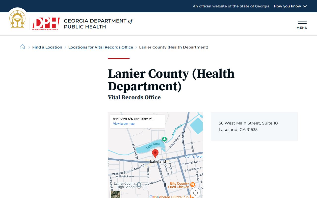 Lanier County Health Department death index page on Georgia DPH website