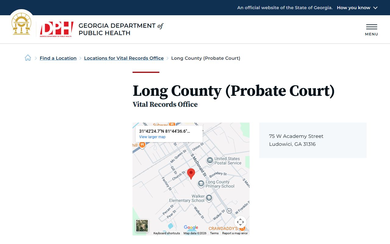 Long County Probate Court death index page on Georgia DPH website
