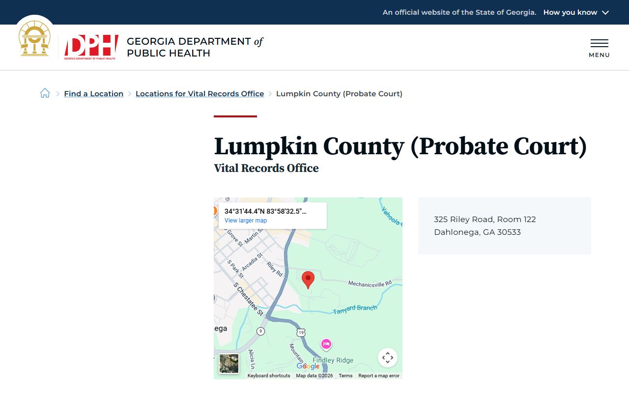 Lumpkin County Probate Court death index page on Georgia DPH website