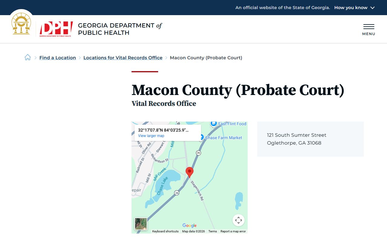 Macon County Probate Court death index page on Georgia DPH website