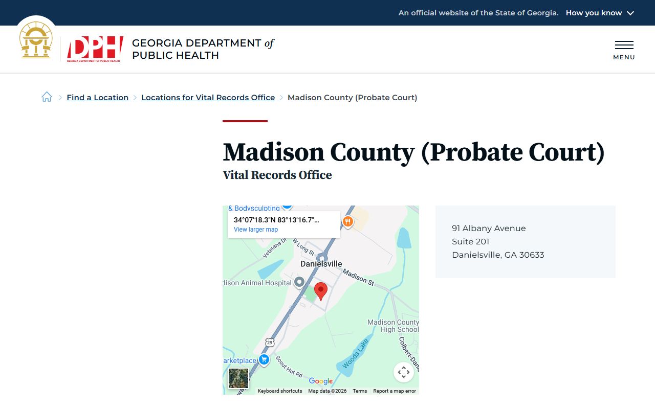 Madison County Probate Court death index page on Georgia DPH website