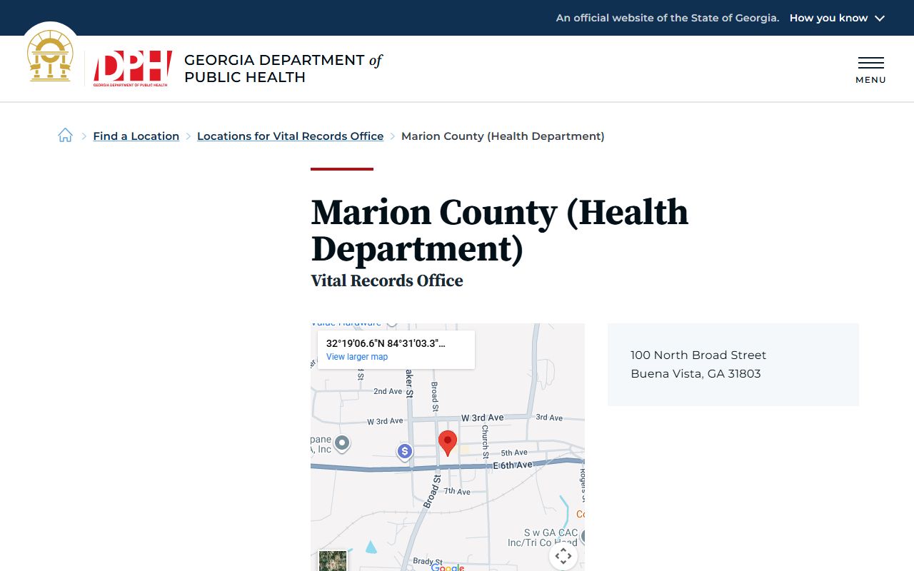 Marion County Health Department death index page on Georgia DPH website