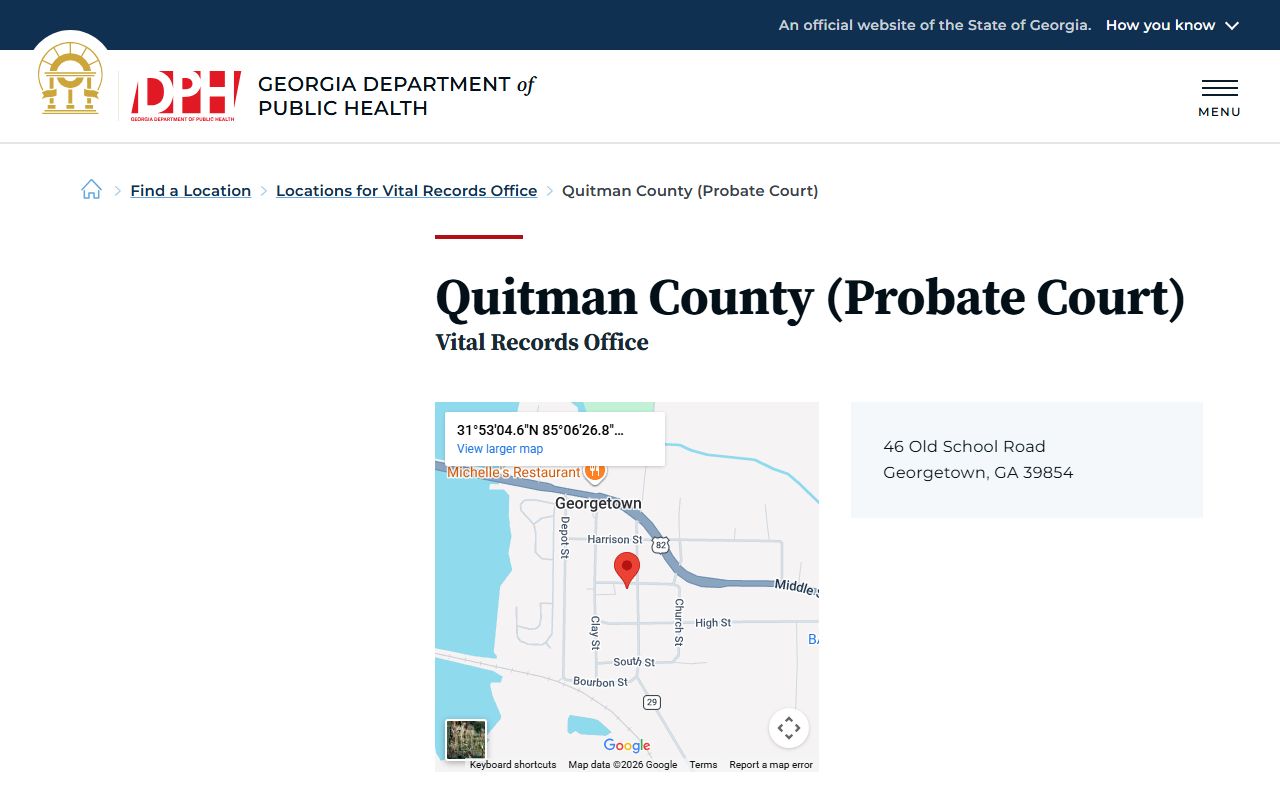 Quitman County Probate Court death index page on Georgia DPH website